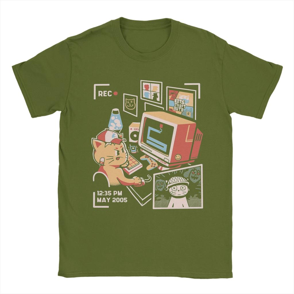 Cat Playing Computer Games T Shirt Men's 100% Cotton Funny T-Shirts Crew Neck Tees Short Sleeve Clothing Plus Size