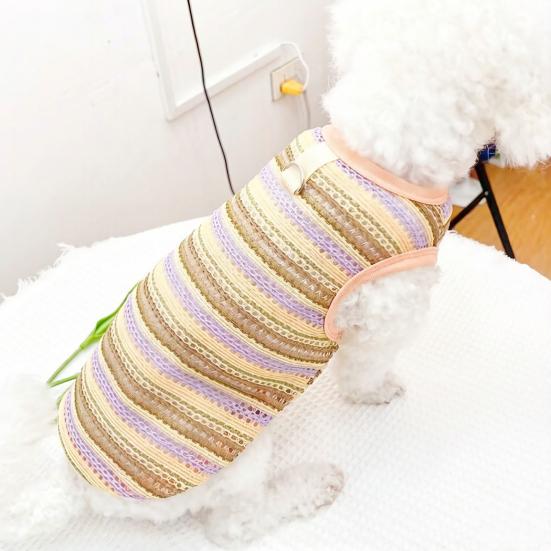 Pet Striped Tank Top Spring Summer Hollow Sleeveless Shirt with D-Ring Small Breed Dogs Cats Clothes Breathable Pet Costume Outfit Apparel