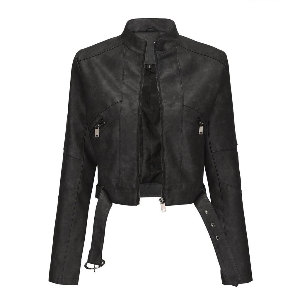 Giacca in pelle PU con cerniera aderente a maniche lunghe con colletto a revers da donna autunno inverno