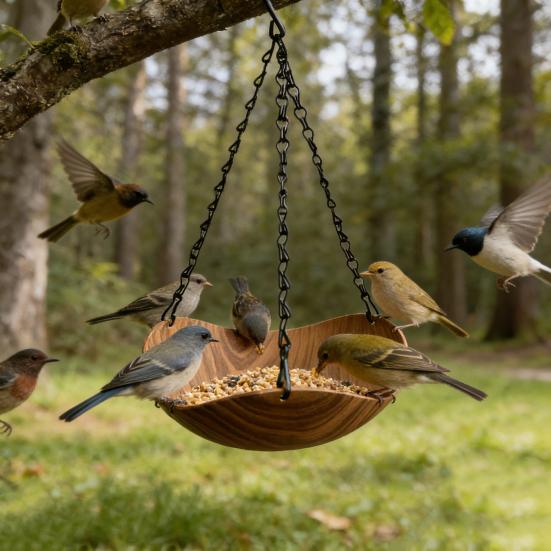 Hanging Bird Bath Wooden Bird Feeder with Chain Outdoor Bird Water Bowl Feeding Tray for Garden Outside Hummingbirds Drinking Bathing
