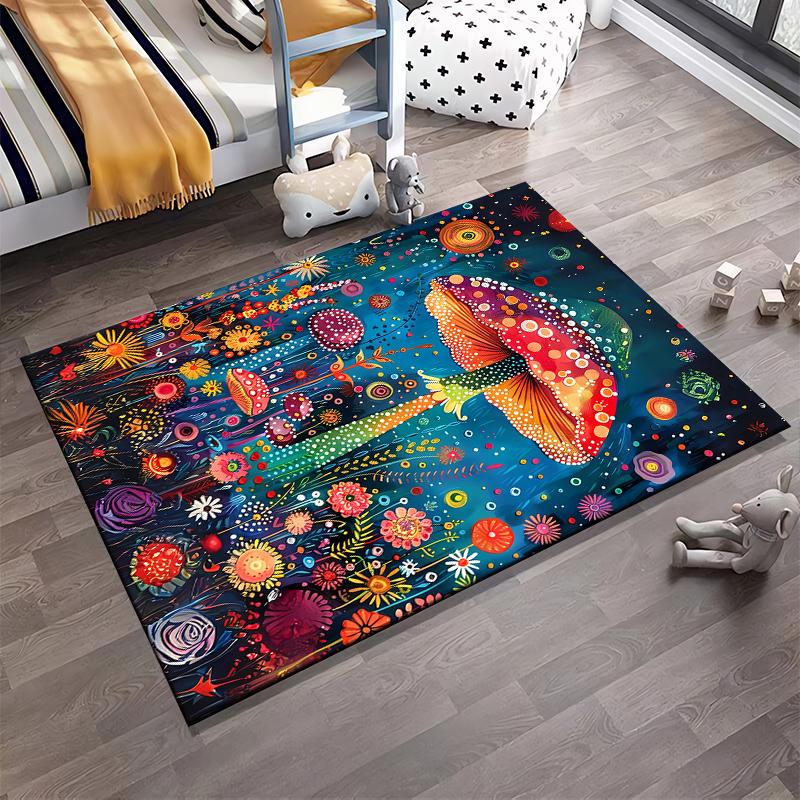 Colorful Mushroom and Floral Carpet, Psychedelic Art Style Design Suitable for use as an anti-slip for living room bedroom sofas