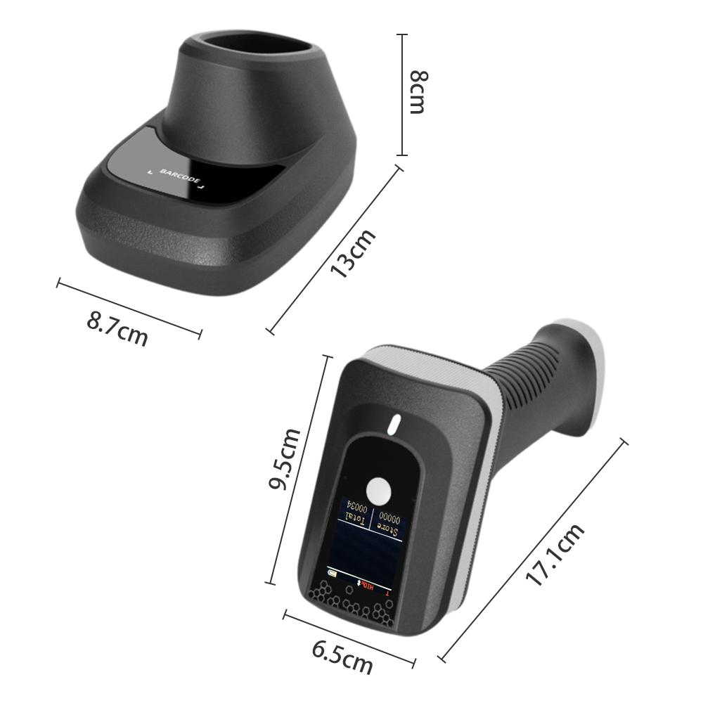 2D 1D QR Barcode Scanner with Screen Display and Charging Base  BT & 2.4GHz Wireless Connection