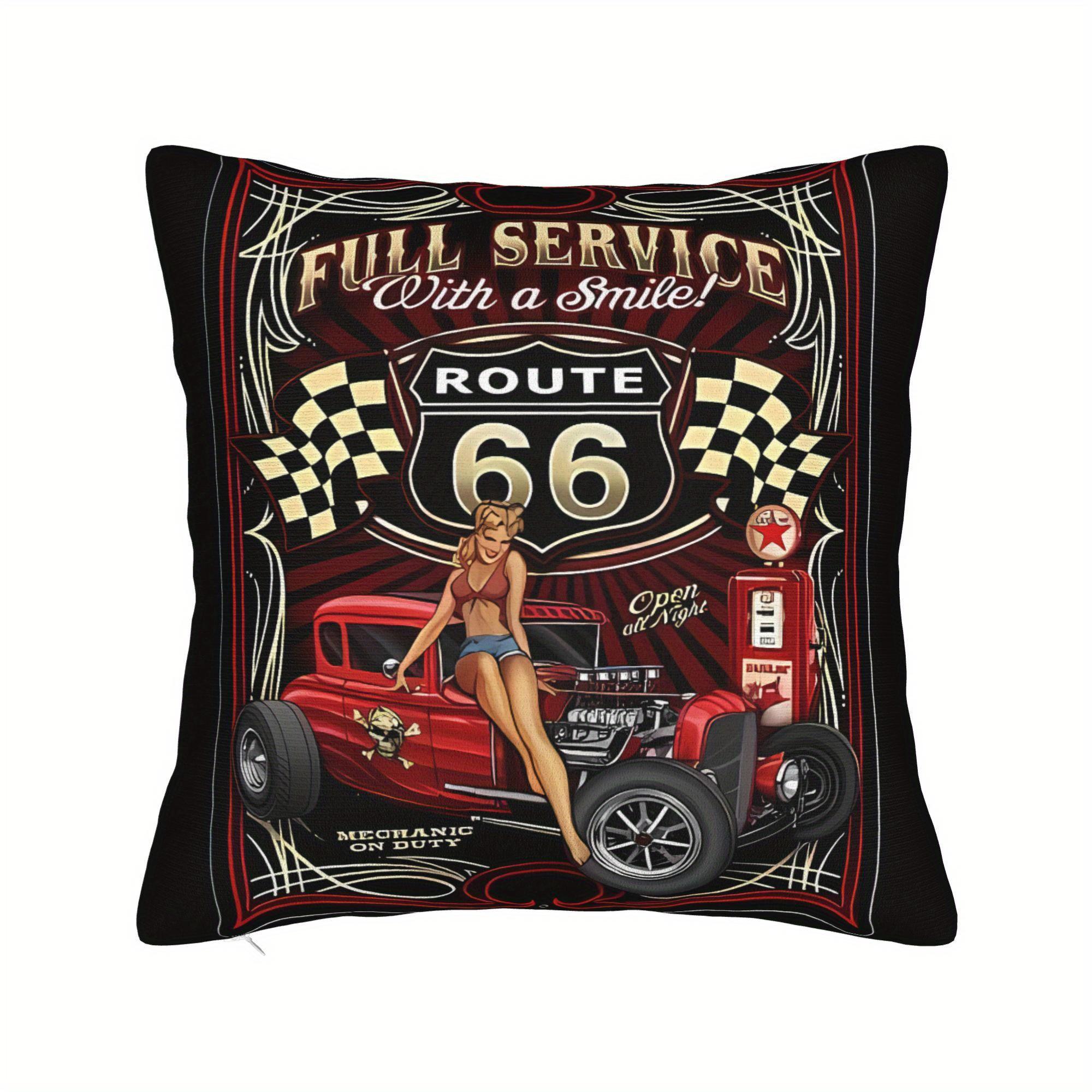 Vintage Auto Kussensloop, Route 66 Poster Ontwerp voor Retro Woondecoratie, Zachte Katoenen Kussenhoes met Klassieke Auto Stijl 40x40cm