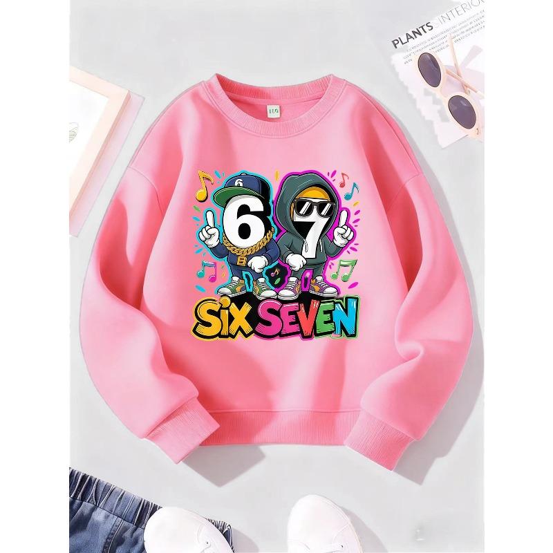 Kids Unisex Sweatshirt, Hip Hop Cartoon Number 6 7 Music Note Print Pullover, Boys Girls Long Sleeve Birthday Sweatshirt For Kids Over 4 Years Old