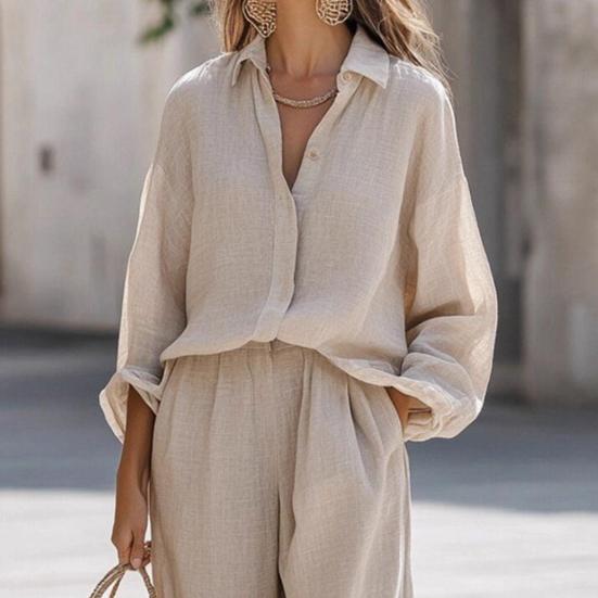 Women's Casual Two Piece Outfit Long Sleeve Button Down T Shirt And Wide Leg Pants Set Fall Spring Lounge Set