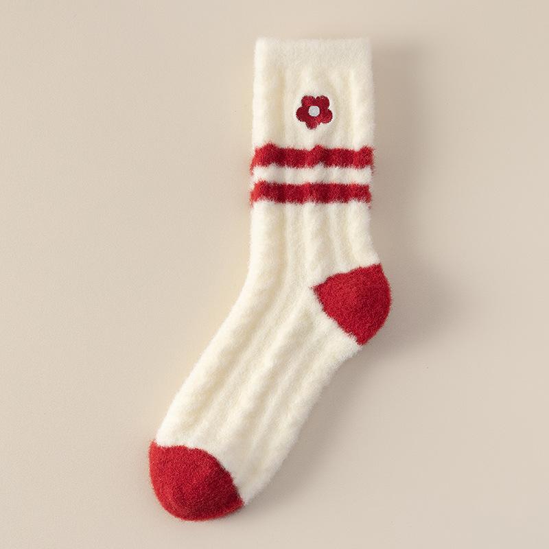 Red Australian Velvet Socks Female Cute Flower Bow Embroidered Medium Tube Socks Velvet Thickened Warm Winter Sleep Socks