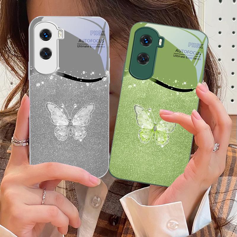 Gradient Diamond Butterfly For Honor 200 90 8X 9X Pro Lite P50 P40 Nova 10 11i P60 Magic4 6 Mate 20 50 Tempered Glass Phone Case