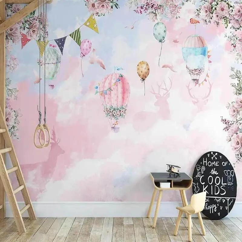 Mural Wall Wallpaper Nordic 3D Pink Cloud Hot Air Balloon Children's Room Background For Bedroom Cartoon Wallpaper