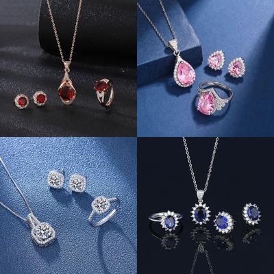 Mehrfarbiges Edelstein Zirkon Schmuckset: Halskette, Ring, Ohrringe und Anhänger für Frauen