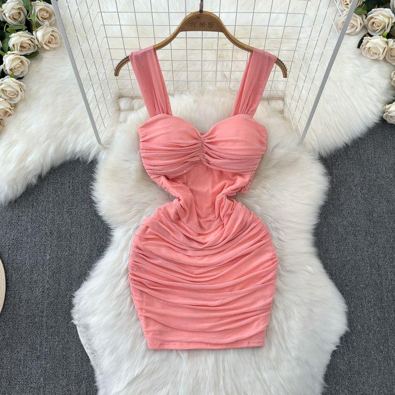 

French Style Temperament Sexy Socialite Sling Dress Women s Clothing Summer Pleated Waist Tight Slim Looking Sheath Sexy Short Skirt Pink M