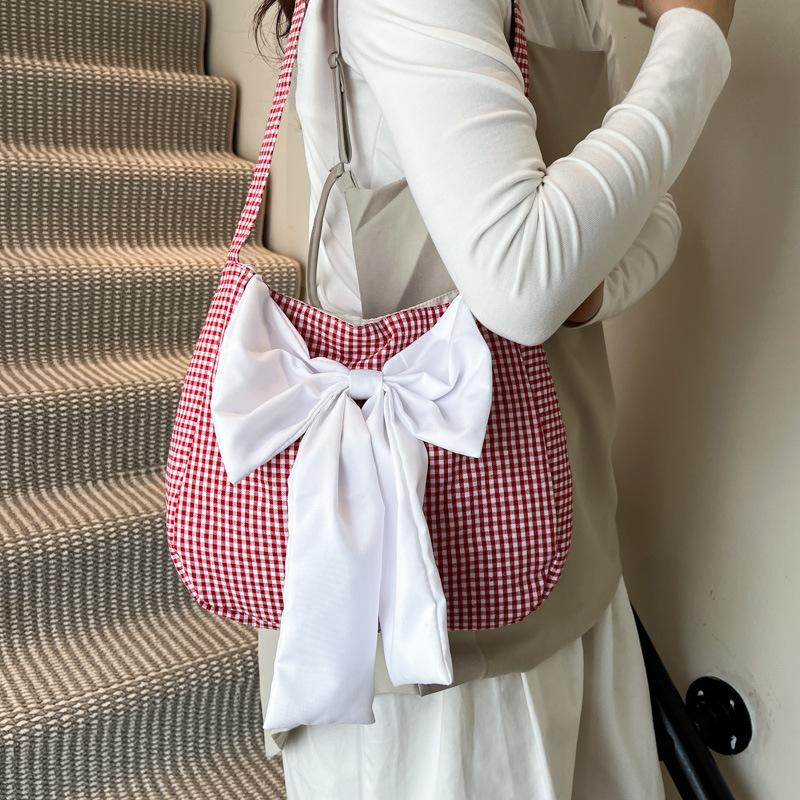 Neue dreidimensionale Schleife Karomuster Umhängetasche Damen Freizeit Große Kapazität Canvas Pendlertasche