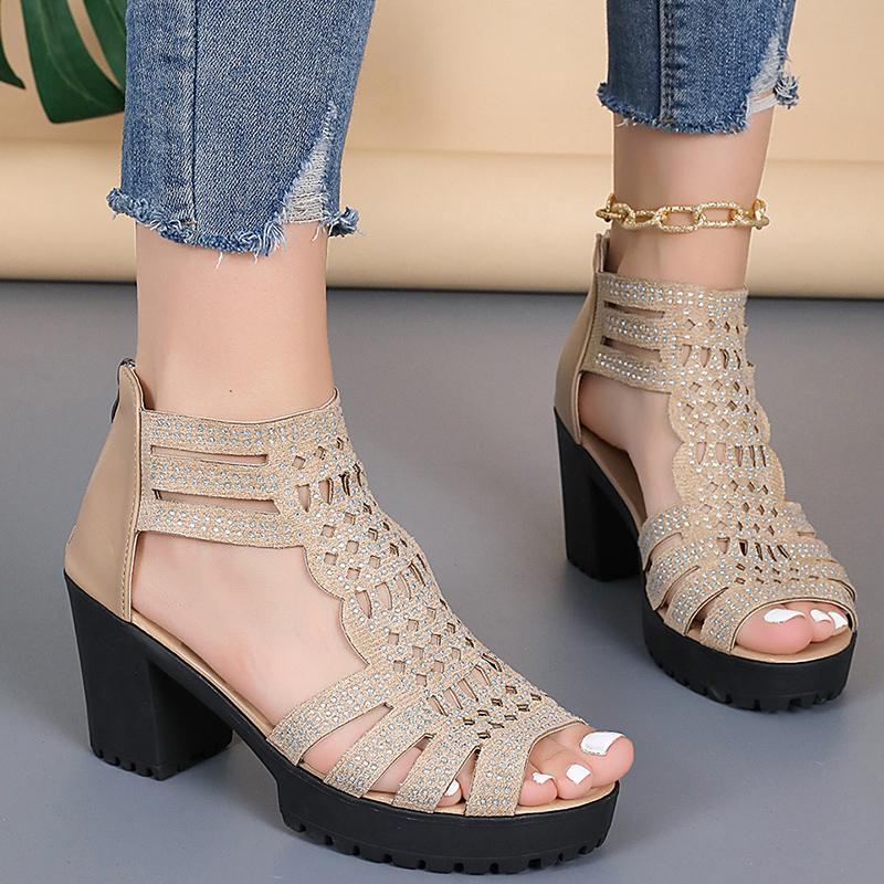 Fashion Fashion Open Toe Hollow Summer Sandal Women Diamond Decor High-Heeled Sandals Lady Luxury Non Slip Cover Heel Sandal Mujer