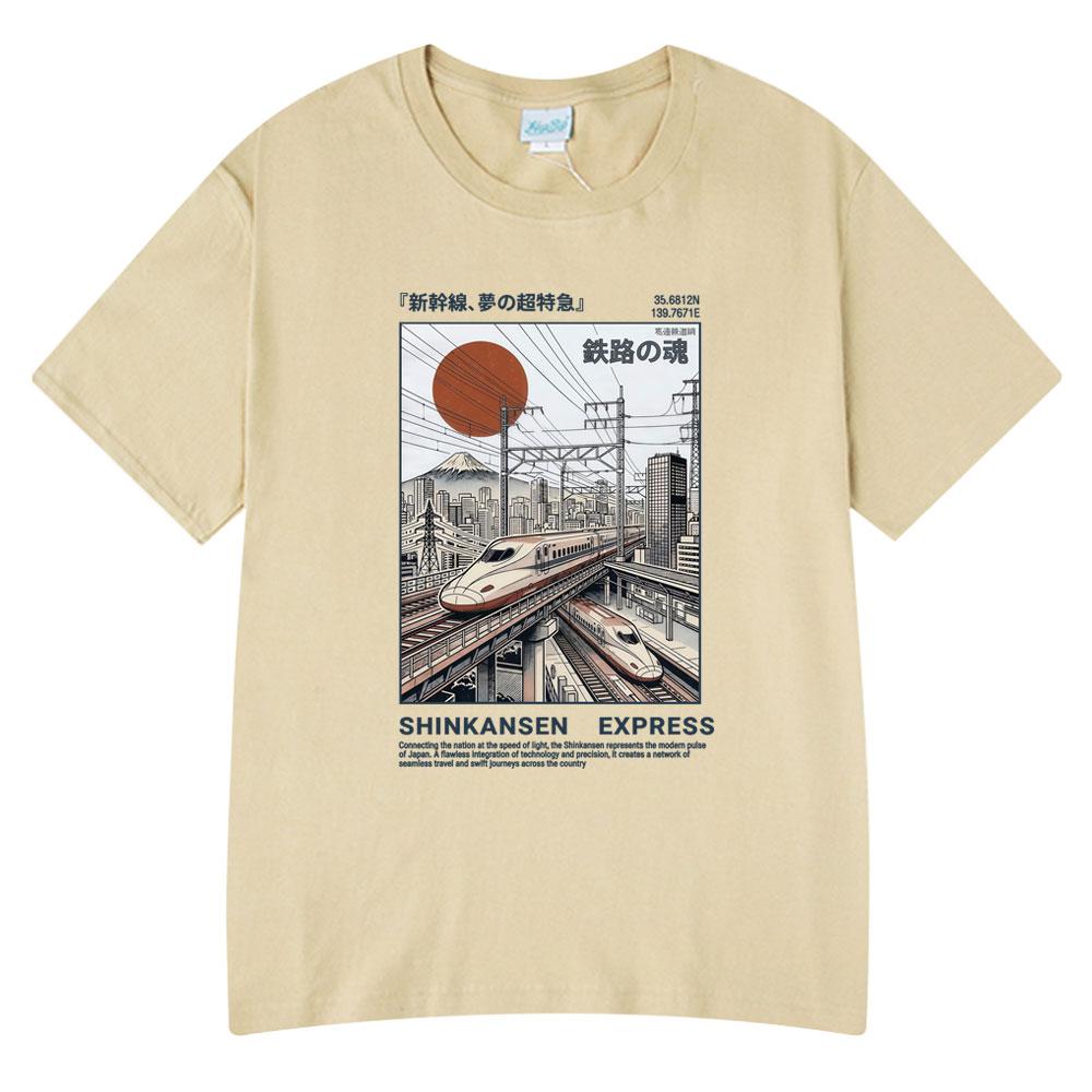 T-shirt Illustrazione Treno Espresso Shinkansen Stile Giapponese Retro Poster Vintage Ferroviario T-shirt Estiva Cotone Casual Tshirt