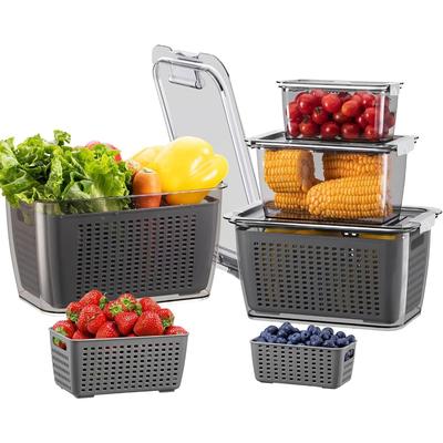Pacote com 4 Recipientes de Frutas para Geladeira, Recipiente de Armazenamento de Vegetais com Tampas e Escorredor Removível Organizador de Conservação de Hortifrúti
