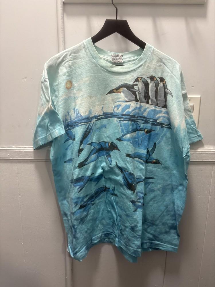 

Vintage Liquid Blue Shirt Mens 2XL Blue Penguin All Over Print Made USA 90s Unisex T-Shirt XXXL