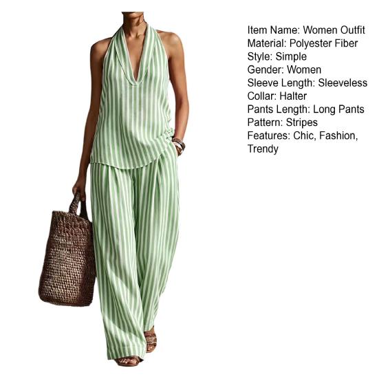 Women's Summer Striped Two Piece Set Sleeveless Halter Neck Top And Long Pants Matching Sets Casual Travel Vacation Outfits
