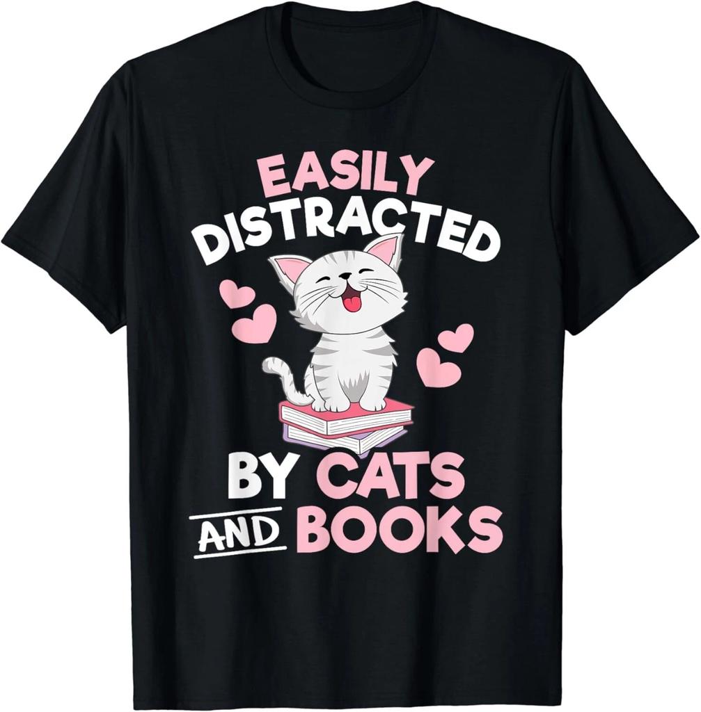Easily Distracted By Cats and Books Cute Cat Book Lover Gift Unisex T-Shirt
