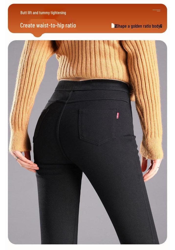 Women's Slimming Lambswool Pencil Pants, Plus Velvet Thickening, Elastic Autumn/Winter Base Layer In Black
