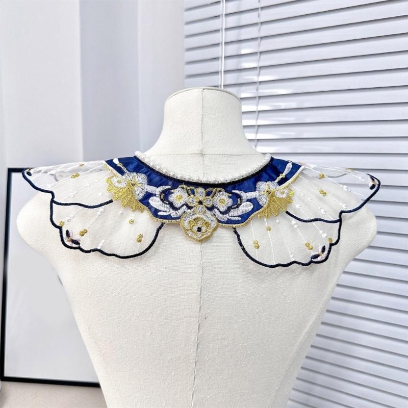 Hanfu Shawl False Collar Yunjian Embroidery Pearls Floral Detachable Collar Traditional Chinese Hanfu Accessories