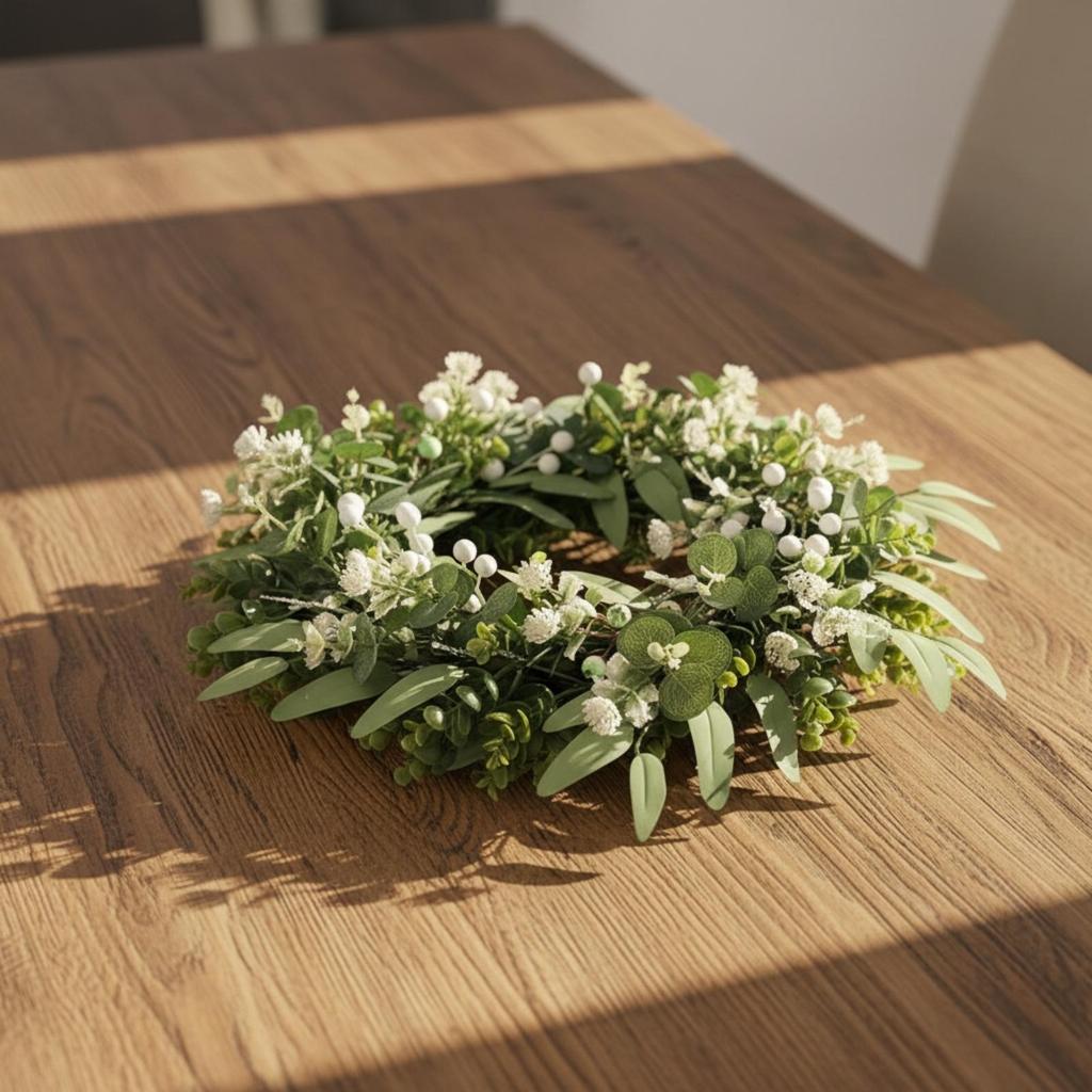 Faux Eucalyptus Wreath with White Flowers Authentic Artificial All Seasons for
