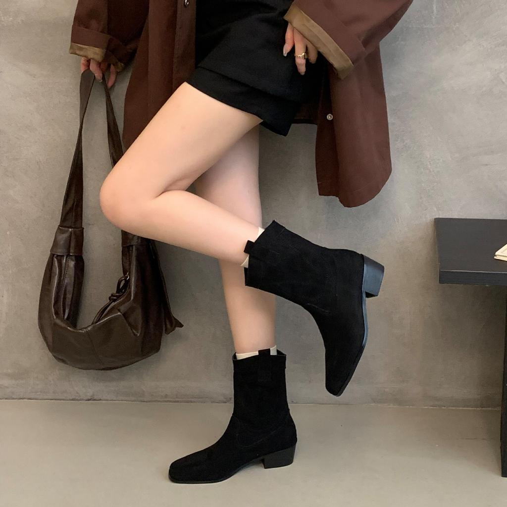 French Square Head Mori Western Boots 2025 Autumn and Winter New Versatile Simple V-mouth Thick Heel Thin Short Boots
