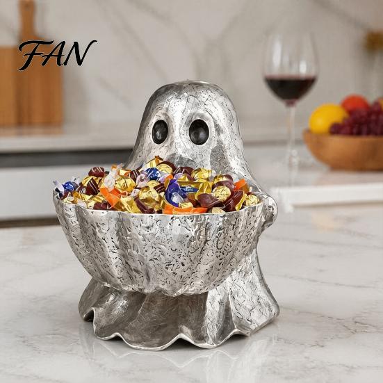 Small Item Organizer Halloween Ghost Candy Bowl, Resin Decorative Storage Dish, Silver Sculpture Gray Snack Holder, for Home Tabletop And Entryway