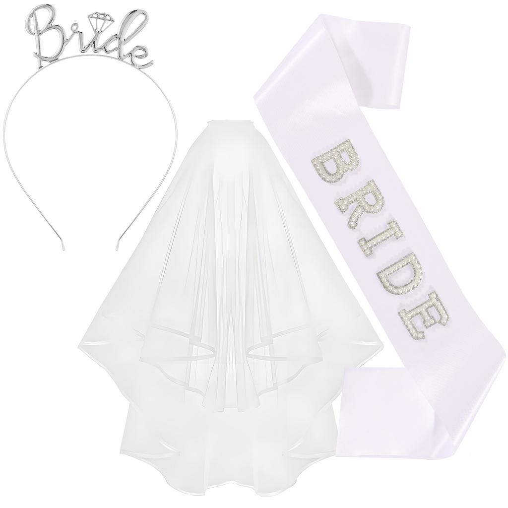 2026 Fashion Bride Bachelor Party, Bride Pearl Crystal Shoulder Strap Veil Headband Ribbon