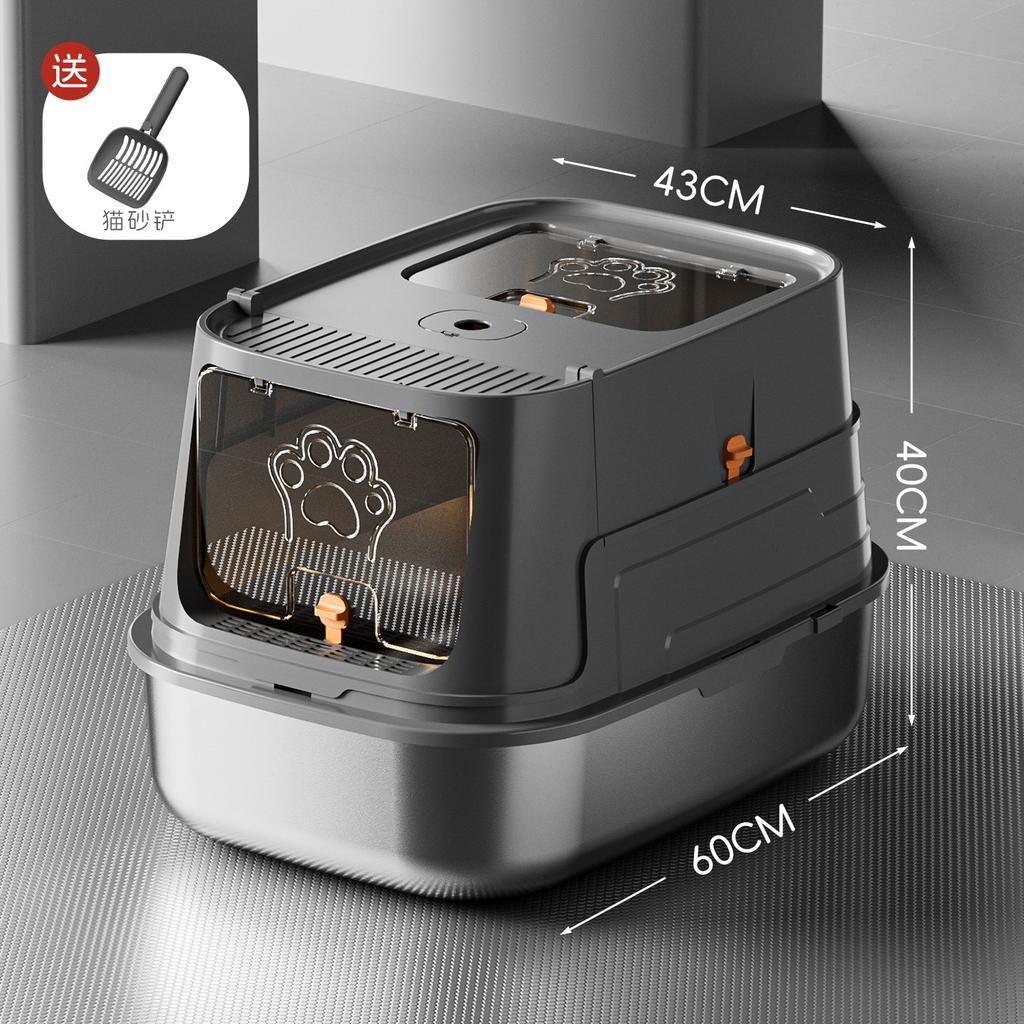 Large Enclosed Cat Litter Box Stainless Steel Anti-Scatter Cat Bedpan Fully Sealed Kitty Toilet High-Sided Pet Bathroom Solution