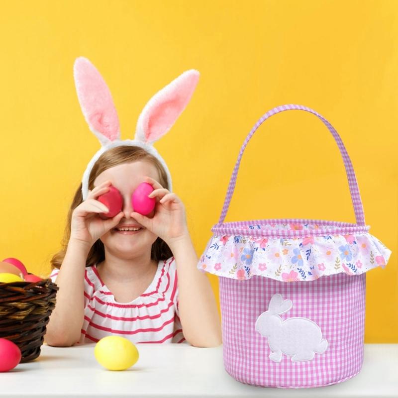 Reusable Fabric Easters Bucket Rabbit Print Decorative Bin Eggs Hunt Organizers Basket For Treats Storage Holiday Gifts