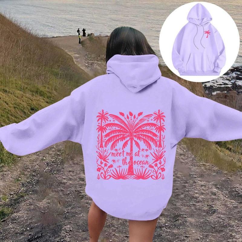 Womens Oversized Hooded Sweatshirt With Palm Tree Print Drop Shoulder Long Sleeve Fleece-Lined Casual Streetwear