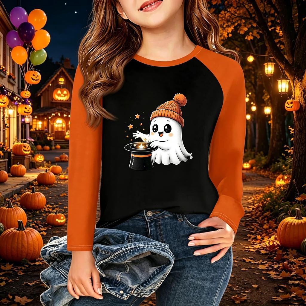 Camiseta Infantil com Estampa de Halloween Manga Longa Casual Gola Redonda para Festa e Uso Diário