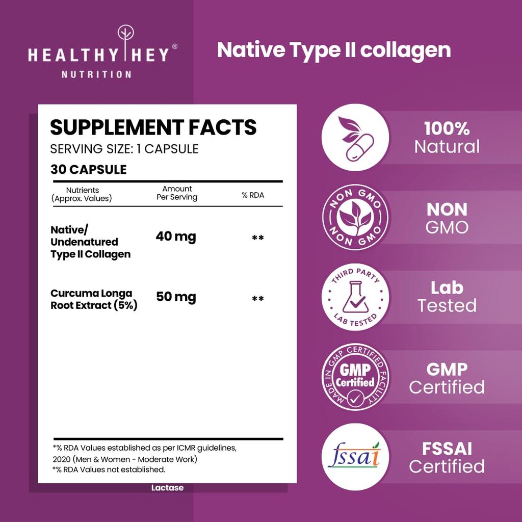 HealthyHey Nutrition NTC II Type 2 Collageen, Ondersteunt Kraakbeen en Gewrichten, Verpakking van 30 Capsules
