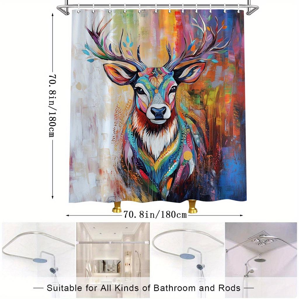 Majestic Deer Shower Curtain - Kaleidoscopic Antlers, Colorful Swirling Fur, Abstract Nature Fantasy, Polyester Bathroom Decor