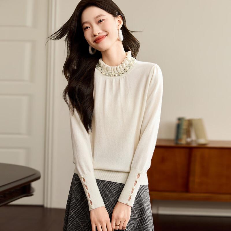 Srcr Women s 100% Cashmere Ruffle Beaded Knit Sweater L