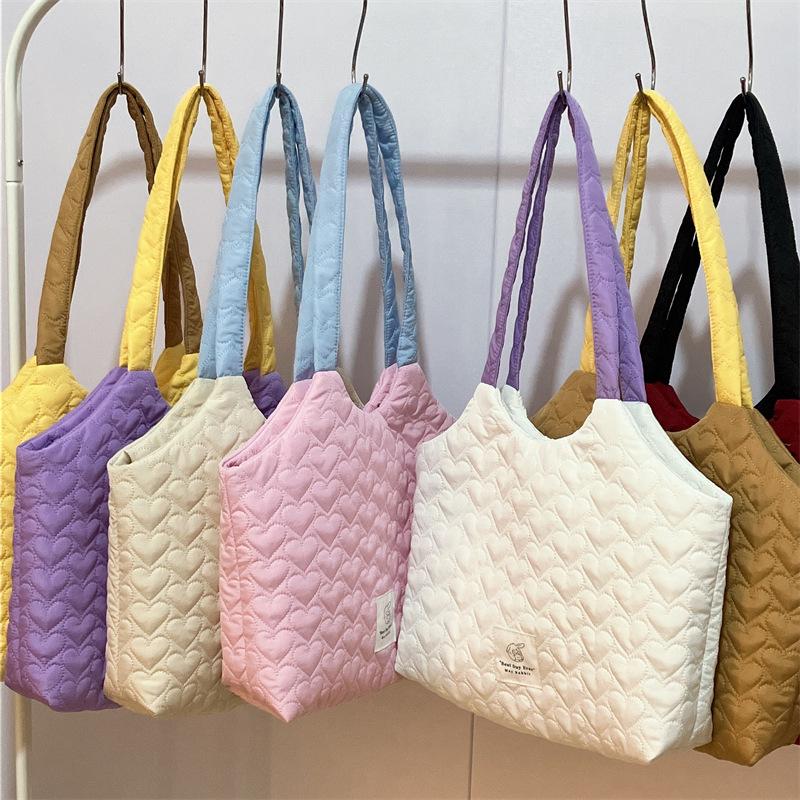 Simple Quilted Love Women's Shoulder Bag Sweet Casual Girls Book Tote Bags Solid Color Large Capacity Female Handbags Purse