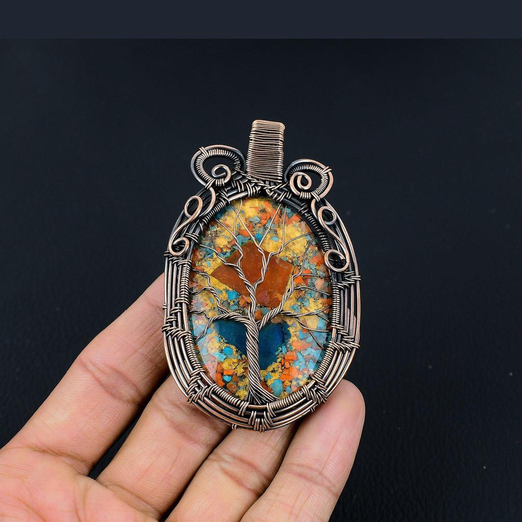 Tree Of Life Multi Copper Spiny Oyster Pendant, Handmade Gemstone 999 Copper Wire Wrapped Pendant Antique Jewelry, For Gift Silver Jewelry