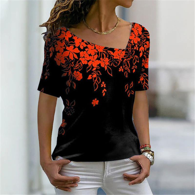 Šikmý límec Květinový Digitální 3D Tisk Harajuku Dámské Tričko Krátký Rukáv Letní Neformální Personalizované Dámské Vrchní Oblečení