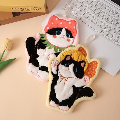 Cartoon Coral Velvet Hand Towel For Kitchen Kawaii Cat Hand Wipe Cleaning Cloth Bathroom Hanging Towel Absorbent Clean Rag