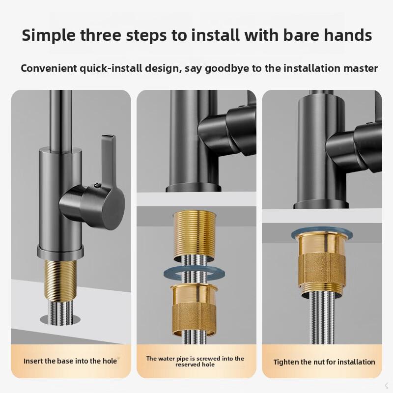 Gun Gray Basin Faucet Cold Hot Mixer Tap 360° Rotate Solid Brass Bathroom Sink Tap Single Handle with 80cm Hoses