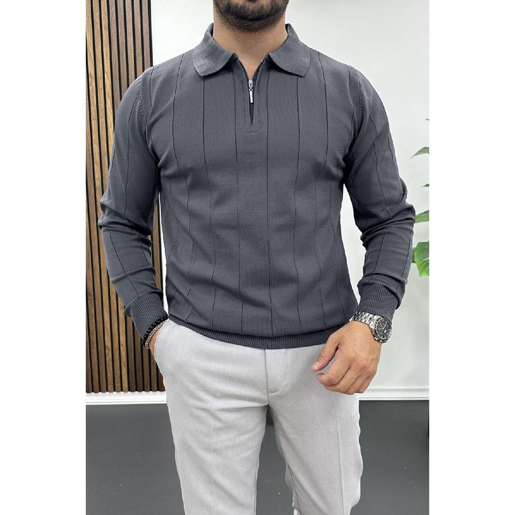 Men's Half Zipper Polo Neck Seasonal Sweater Navy Blue Edw195