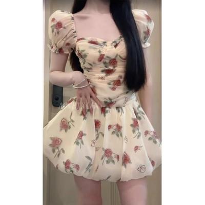 Ölgemälde Rose floral kurzärmeliges A-Linien-Kleid Damen Sommer neu Puffärmel bauschiger Rock