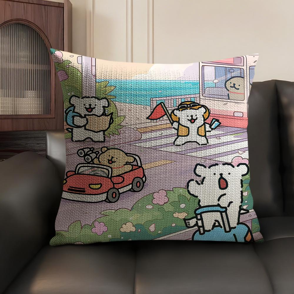 Cute Lover Korean Line P-Puppy Cushion Cover Natural Linen Organic Fabric Double-Sided Printing Sofa Home Decor Gift Pillow Case