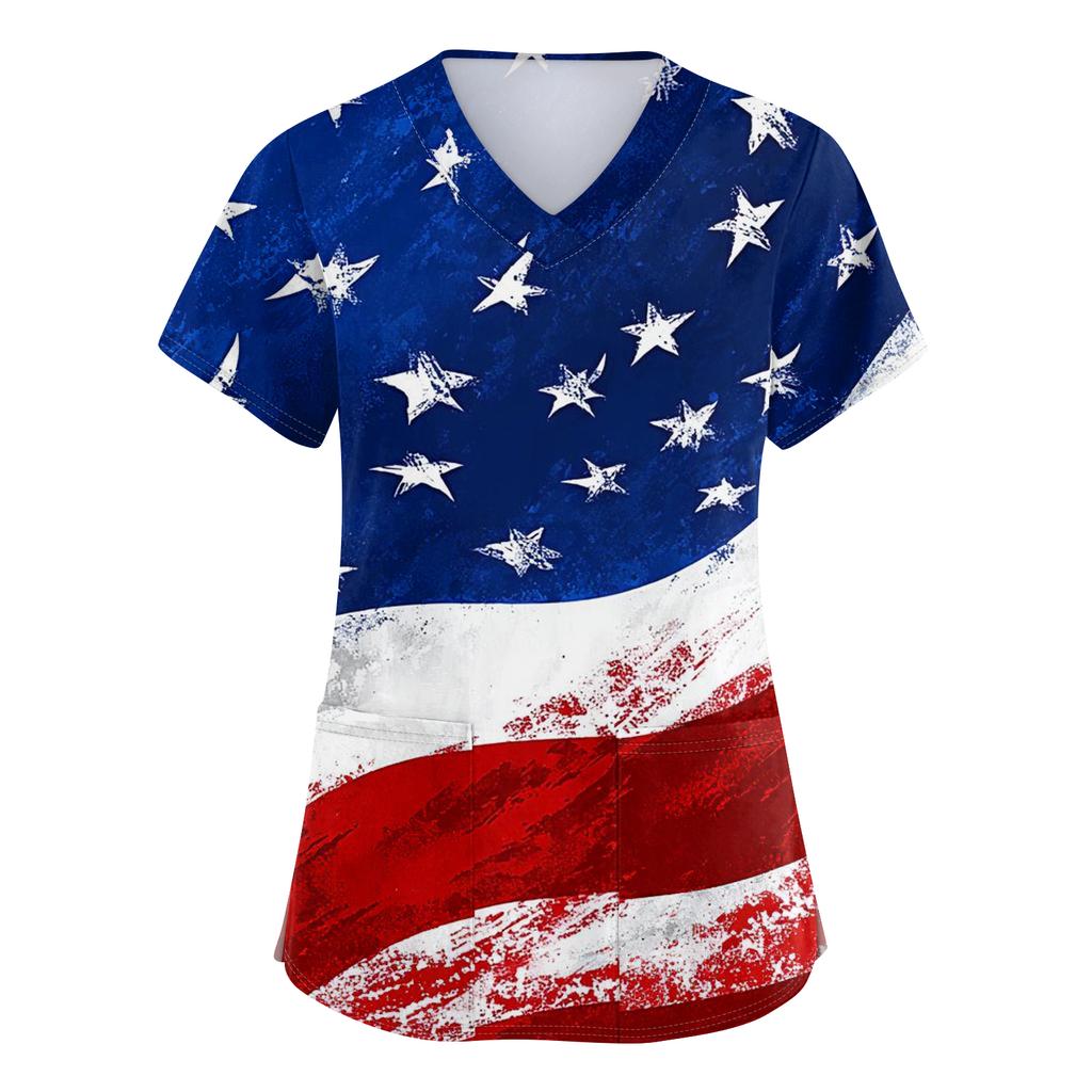 Damen V-Ausschnitt Unabhängigkeitstag Aufdruck Kurzarm Tasche Seitenöffnung Schutzkleidung Arbeitshemd