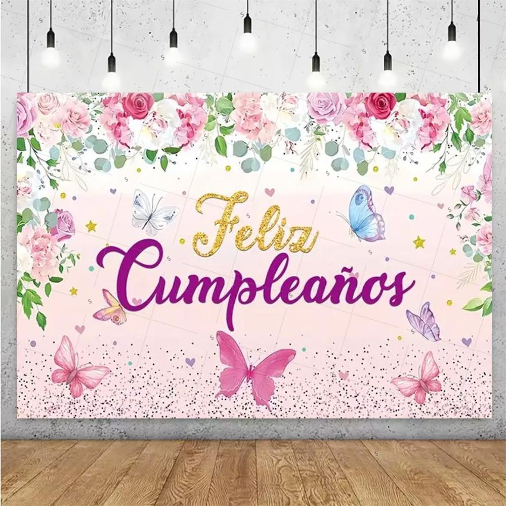 Happy Theme Background In Spanish, Party Decoration with Colored Globes, Background Banner, Gift for Children, Photo Session