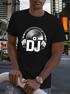 DJ Graphic T-shirt - Headphones & Bold DJ Lettering - Lightweight Breathable Fabric - Grey with Yellow Print - Regular Fit Music Producer Tee for Club
