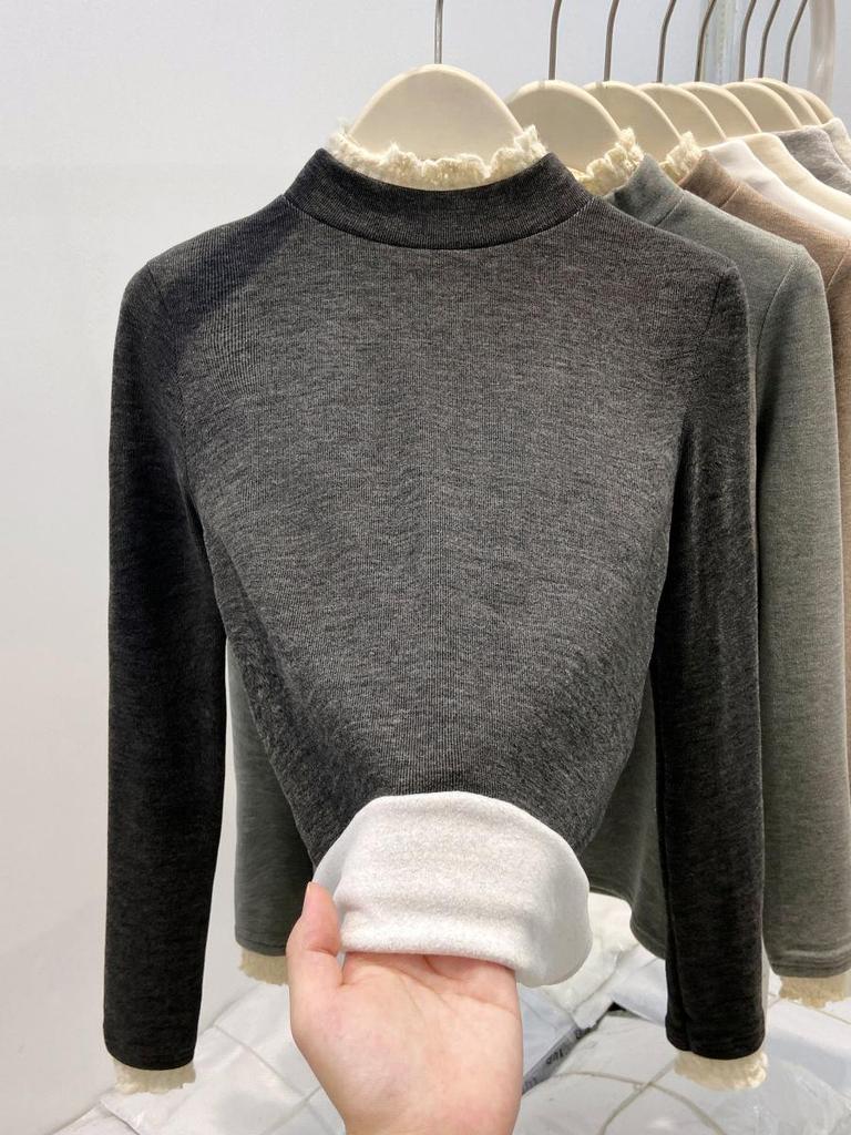Women's Thick Warm Lace Half-Neck Base Layer Shirt, Autumn/Winter Long-Sleeve Inner Top, High-End Feel