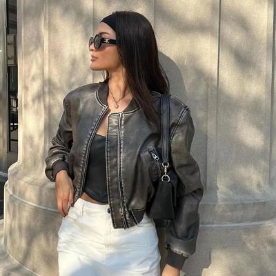 OFTBUY Jachetă largi din piele spălată pentru femei, guler vintage cu fermoar gradient, haină scurtă de primăvară, stil locomotivă șic