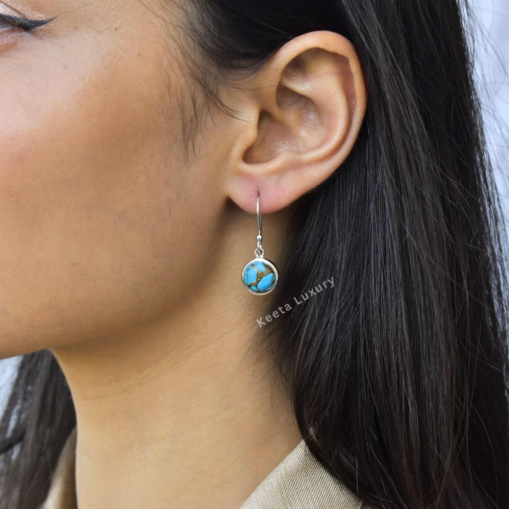 Copper turquoise Earrings Handmade Earrings for Women Turquoise round dangle hook Earrings Healing crystal earrings Bridesmaid Gift