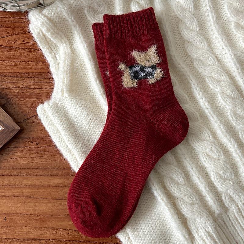 New Year's Wool Pile Socks for Autumn and Winter, Bright Red Warm Cartoon Embroidery Mid-calf Solid Color Striped Twisted Socks for Women