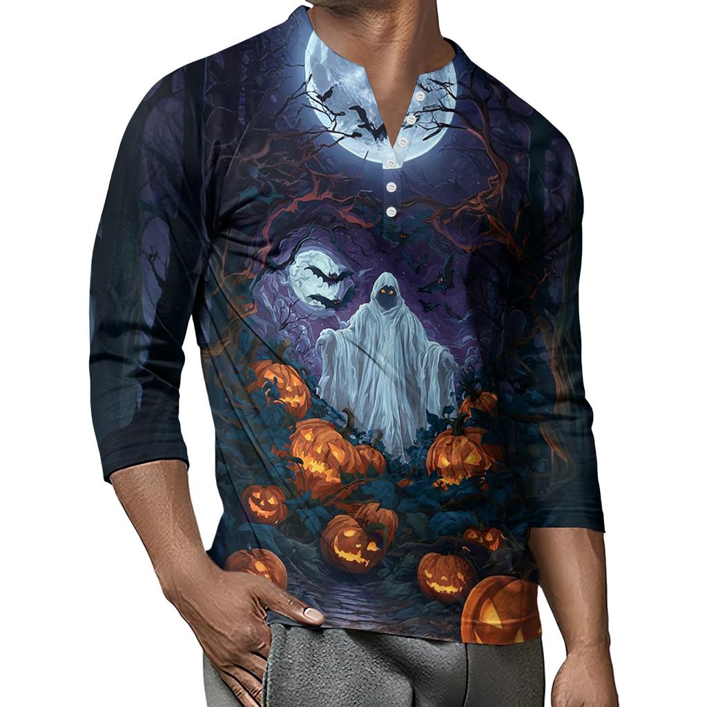 Men's Button-Down Contrast Raglan 3/4 Sleeve Top